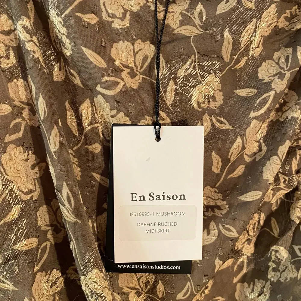 NWT En Saison Whimsical Floral Brown Daphne Ruched Midi Skirt Women size Medium